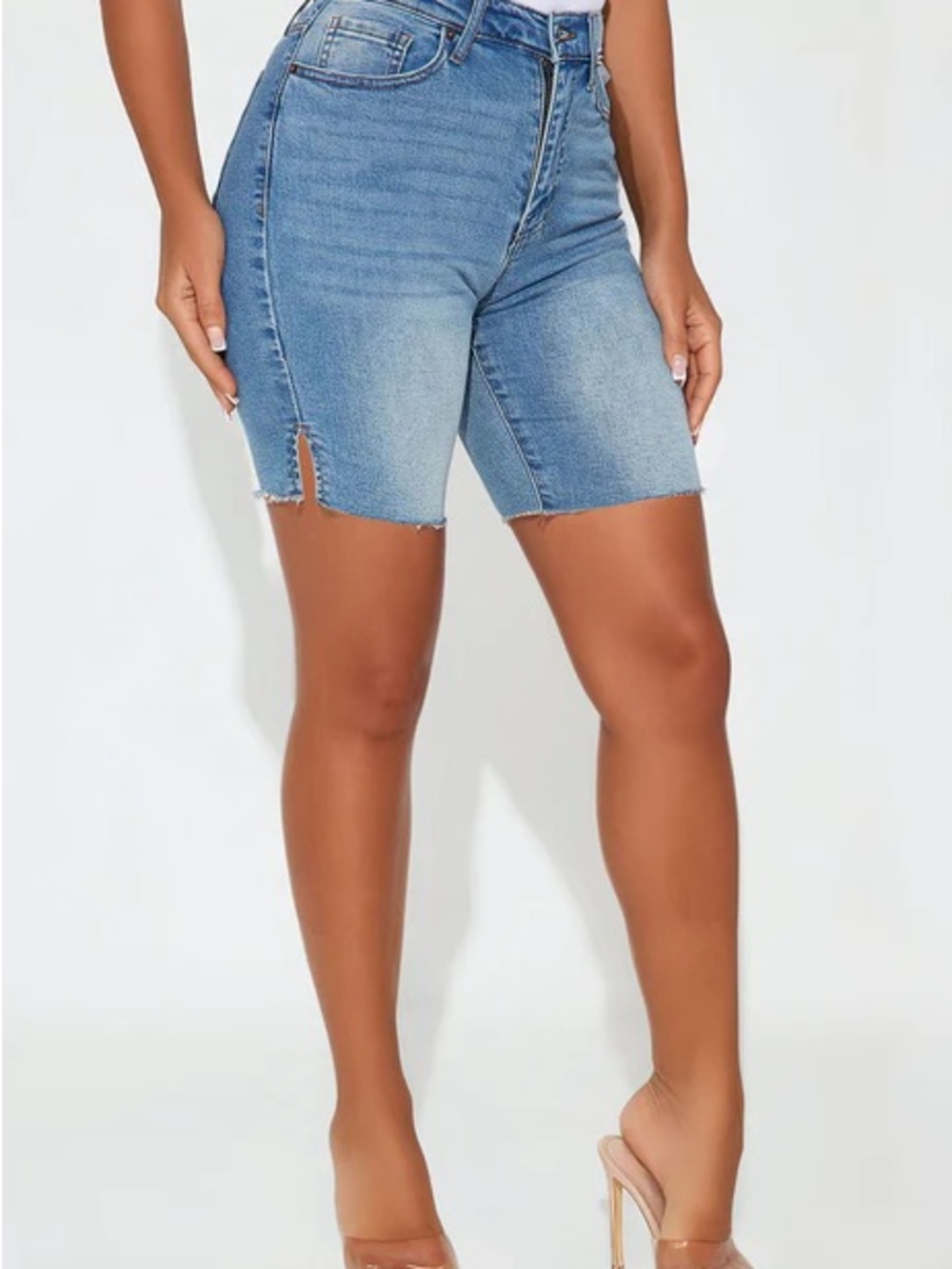 Fashion Nova Light Blue High-Rise Denim Bermuda Shorts with Side Slit